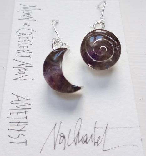 Celtic Moon Earrings- Amethyst with Silver Spiral