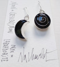 Load image into Gallery viewer, Celtic Moon Earrings- Onyx Labradorite with Silver Spiral
