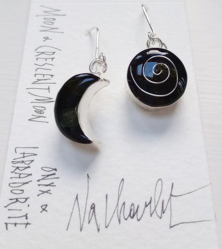 Celtic Moon Earrings- Onyx Labradorite with Silver Spiral