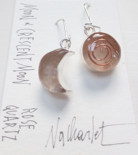 Celtic Moon Earrings- Rose Quartz with Silver Spiral