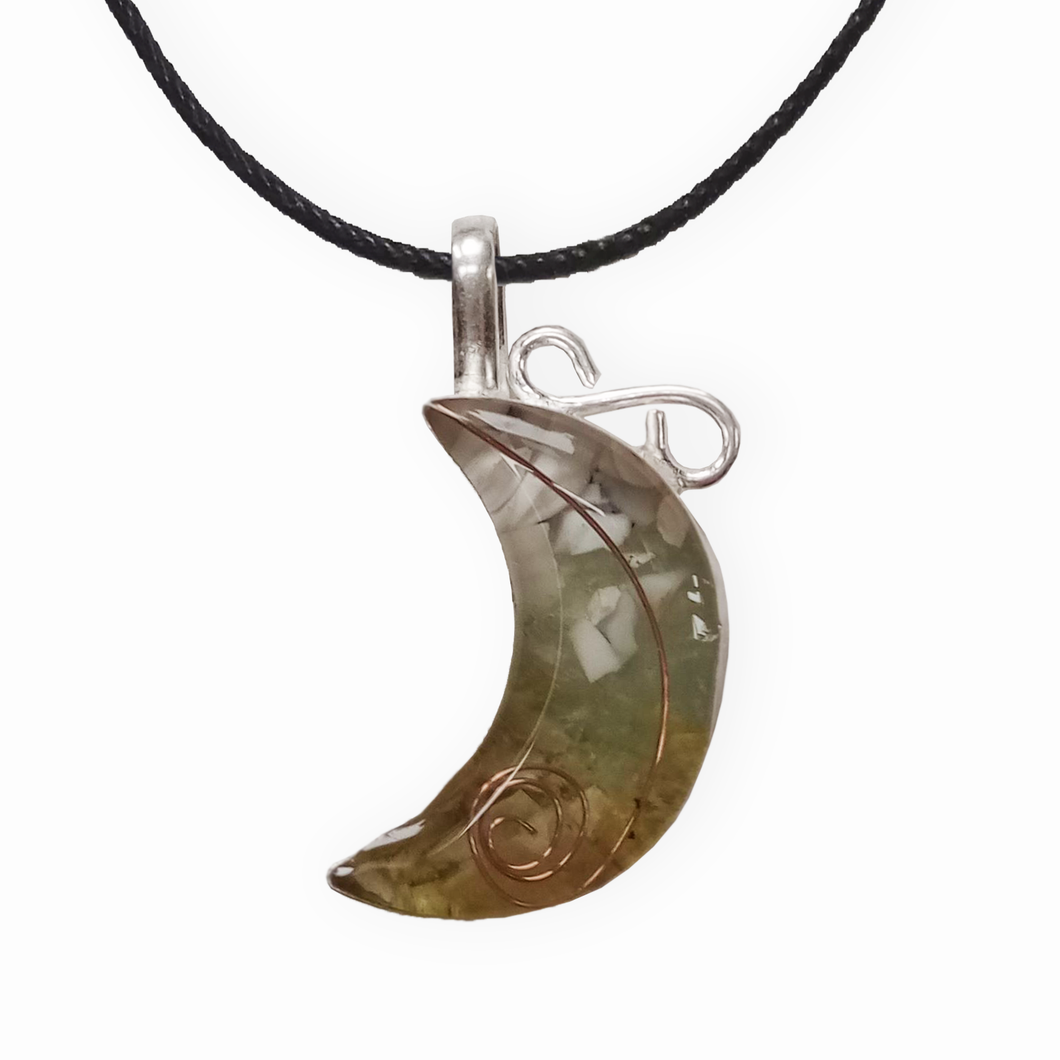 Celtic Moon Pendant - Serpentine Aqua Marine Dentritic Agate with Copper Spiral